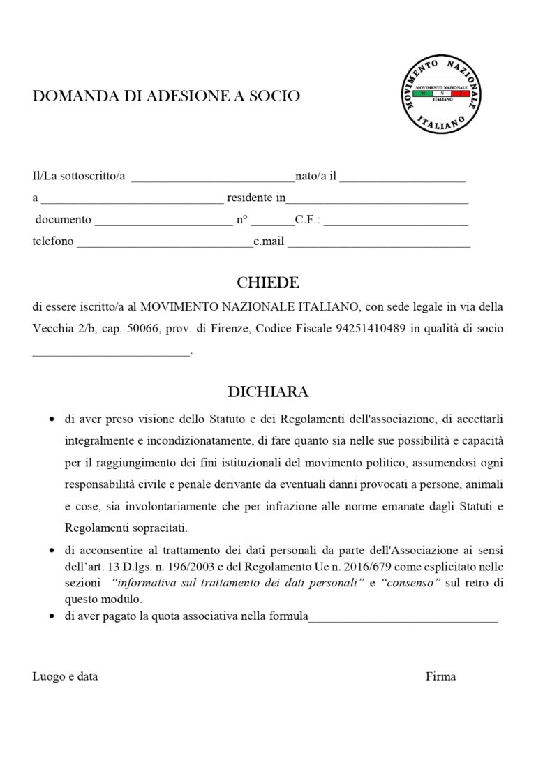 domanda di adesione a socio